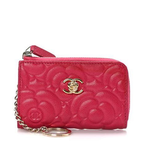 CHANEL Caviar Camellia Embossed Key Holder Case Fuchsia 